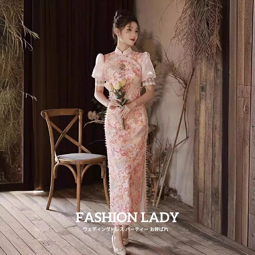 韓国ファッション レディースドレス エレガント 高級感 結婚式 パーティードレス 宴会 お呼ばれ 成人式 舞台演出 礼服 司会 上品 きれいめ ロングドレス 半袖 花柄 ピンク パール 着痩せ 小柄