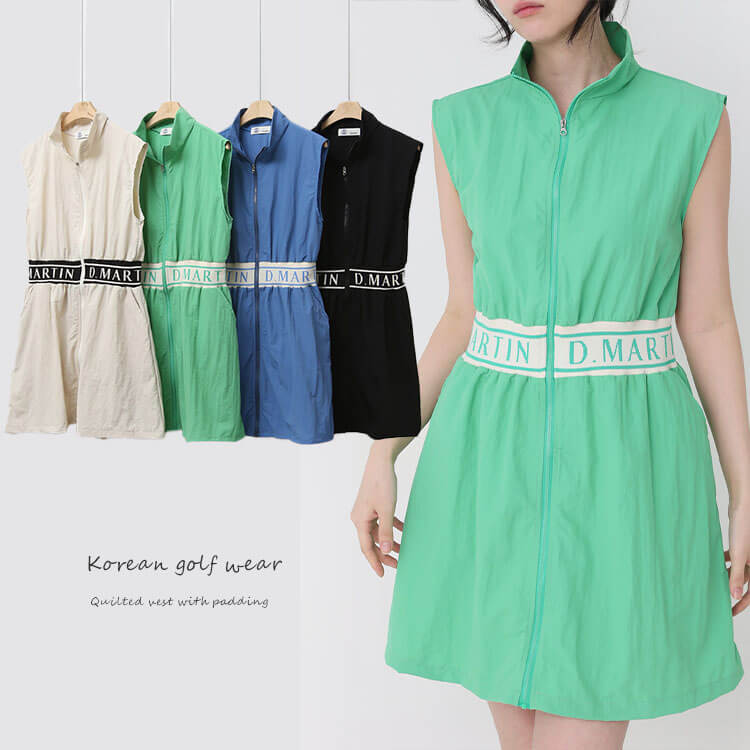 ゴルフ レディース ジップアップ ワンピース ノースリーブ ハイネック ロゴ ウエストマーク 体型カバー フレア スポーツウェア おしゃれ 韓国 シンプル 無地 ゴルフウェア テニス アウトドア グリ