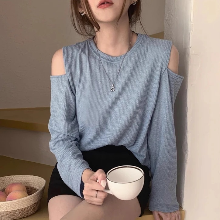 トップス ロンT カットソー プルオーバー ラウンドネック オフショルダー リブニット 大人可愛い きれいめ カジュアル 上品 おしゃれ かっこいい こなれ感 レディース 20代 オルチャン 無地