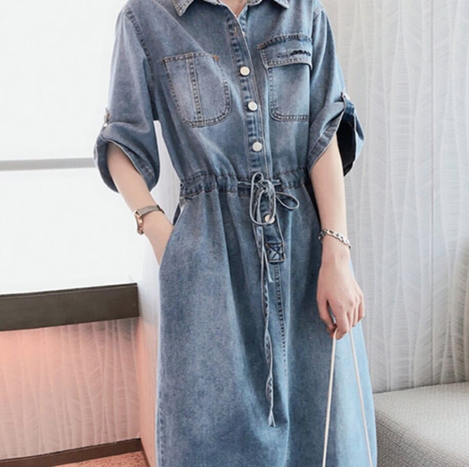 ワンピース 膝丈 ひざ丈 袖あり かわいい 大人可愛い きれいめ シンプル カジュアル 大人 上品 襟付き 半袖 デニム ロング丈 春夏 タイト リボン ブルー 2XL 3XL モテ 韓国 コーデ
