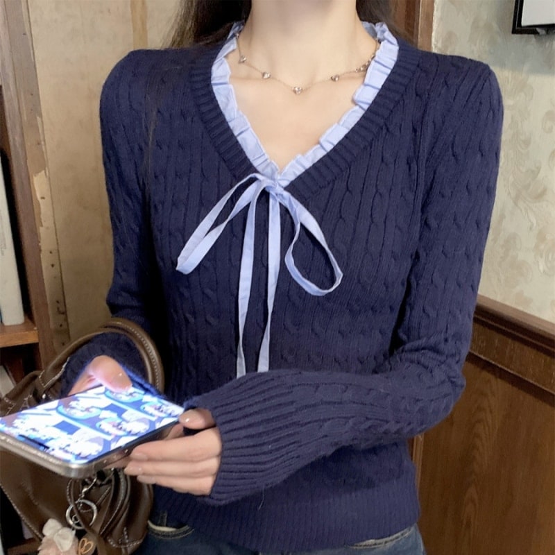 韓国風 スクール風 リボン結び ベルト付き V カラー リブ編み ニットセーター プルオーバー 女性用トップス