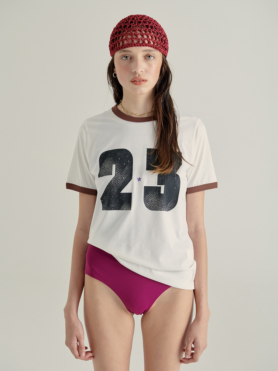 【MARGESHERWOOD】 23 STAR T-SHIRT : WHITE/BROWN
