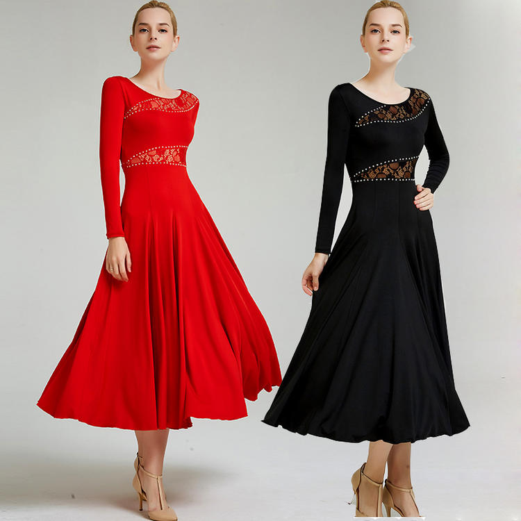 社交ダンス スタンダード 衣装 モダン ドレス レッスンウェア ドレス 大きい裾 発表会 競技着 練習着 演出 スタンダードドレス ワルツ タンゴ 赤 黒【S/M/L/XL/2XL】