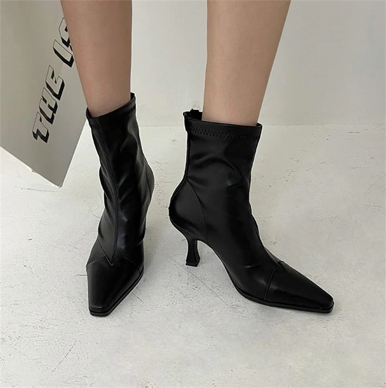 韓国ファッション ポインテッドトゥ ピュアカラー スクエアトゥ レザーサーフェス スチレットヒール