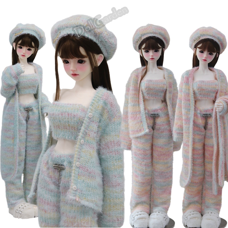 BJD 1/4 ドール服 カラーニットセット 4点セット ベレー帽 カーディガン チューブトップ パンツ ふわふわ 柔らかい MSDサイズ球体関節人形用衣装セット ドールウェア