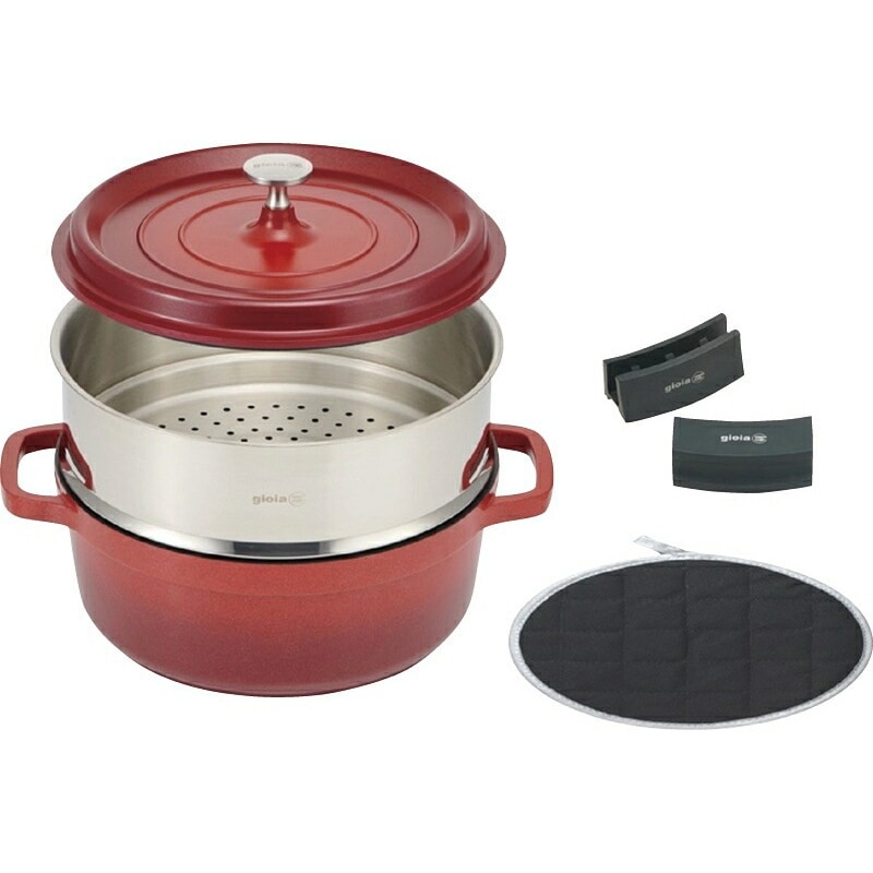 （ギフト）ジョイア キャセロール24cm&蒸し器4点セット レッド