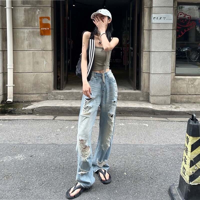 パンツ丈110cm 破れ拡張ジーンズ 女性用 夏 薄手 細め ワイドレッグパンツ 背が高い ホットガール 乞食パンツ