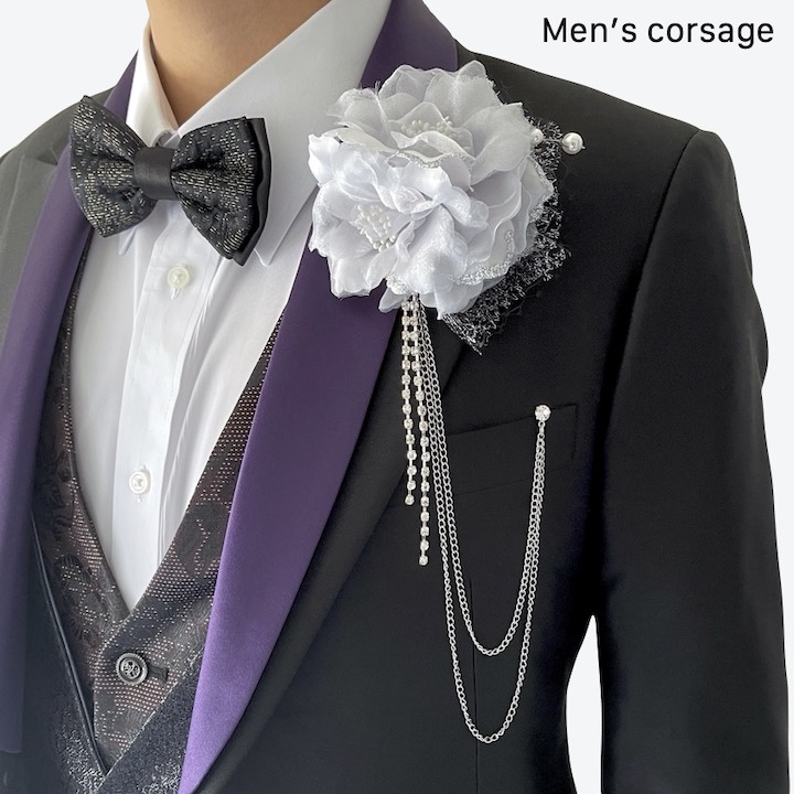 コサージュ　シルバー　黒　ストーン　チェーン　ブローチ　結婚式　披露宴　男　メンズ　男性用　ブライダル　新郎　ゲスト