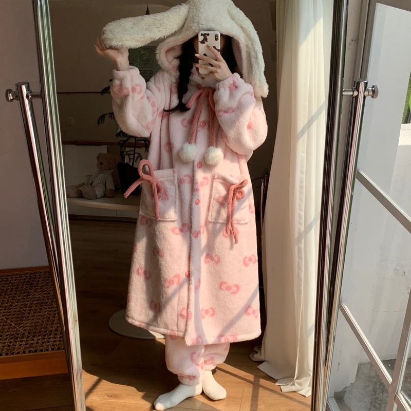 女の子用ネグリジェパジャマ厚く暖かいコーリースフード付きかわいいリボンラウンジ服セット