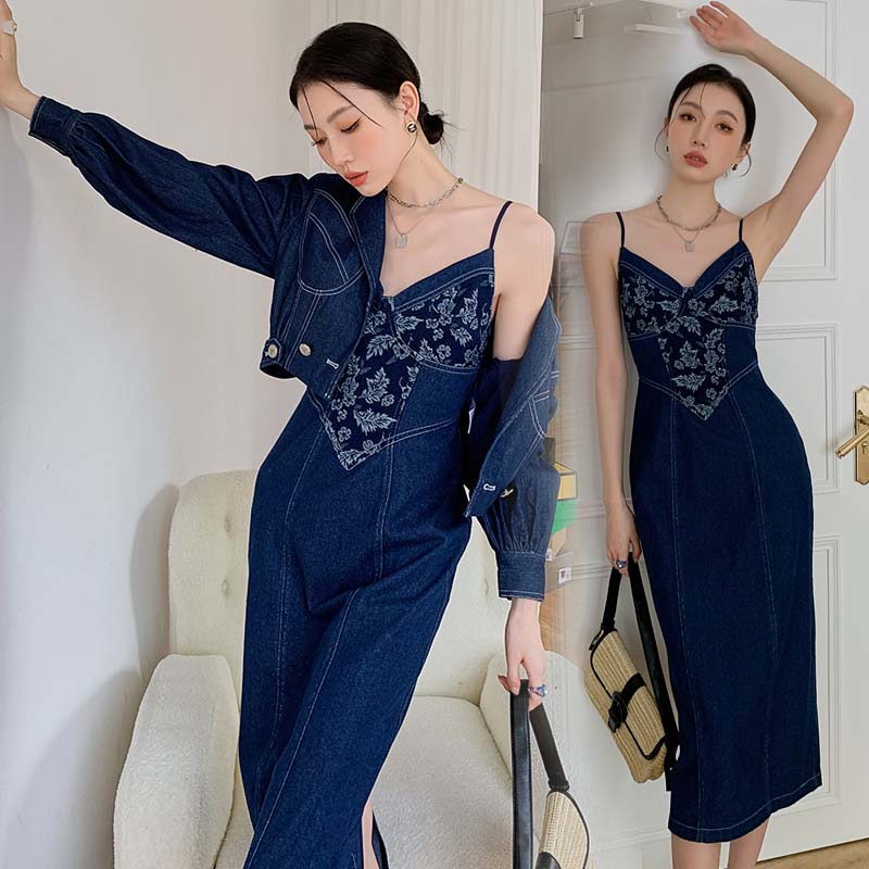 デニムジャケット長袖セットセクシーキャミソールワンピースノースリーブ バックレス夏服レディース韓国