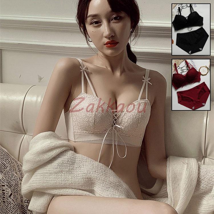 ブラジャー ショーツセット 女性下着 上下セット 3/4カップ 編み上げ ノンワイヤー 総レース 脇肉 ブラ　育乳ブラ バストアップ