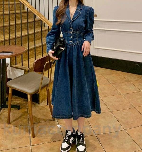 デニム ワンピース ロング ミモレ 長袖 ウエストマーク 襟付き 春 秋 Aライン フレア ロングワンピース レディース カジュアル おしゃれ 大きいサイズ 3L 4L 5L 韓国 ファッション 20
