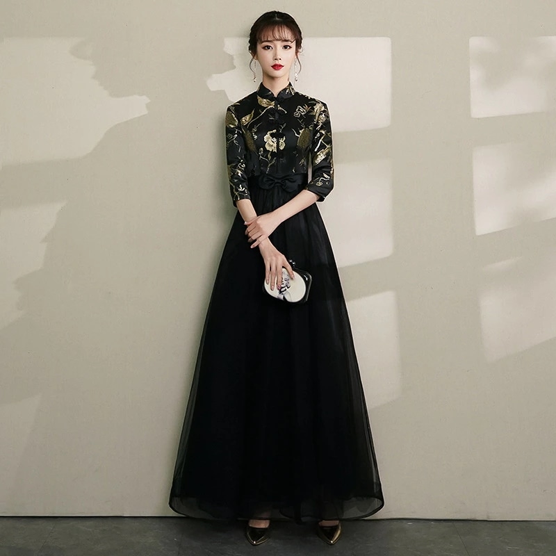 【フォーマルドレス】チャイナ風 ブラック ロングドレス エレガント 大人女性 パーティー 結婚式 披露宴 式典 舞台衣装 30代 40代 上品 シンプル 高級サテン スリットデザイン