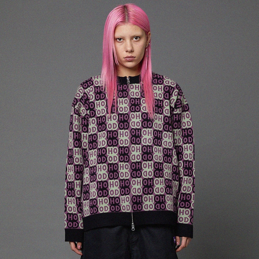 HD logo pattern knit zip up cardigan PURPLE