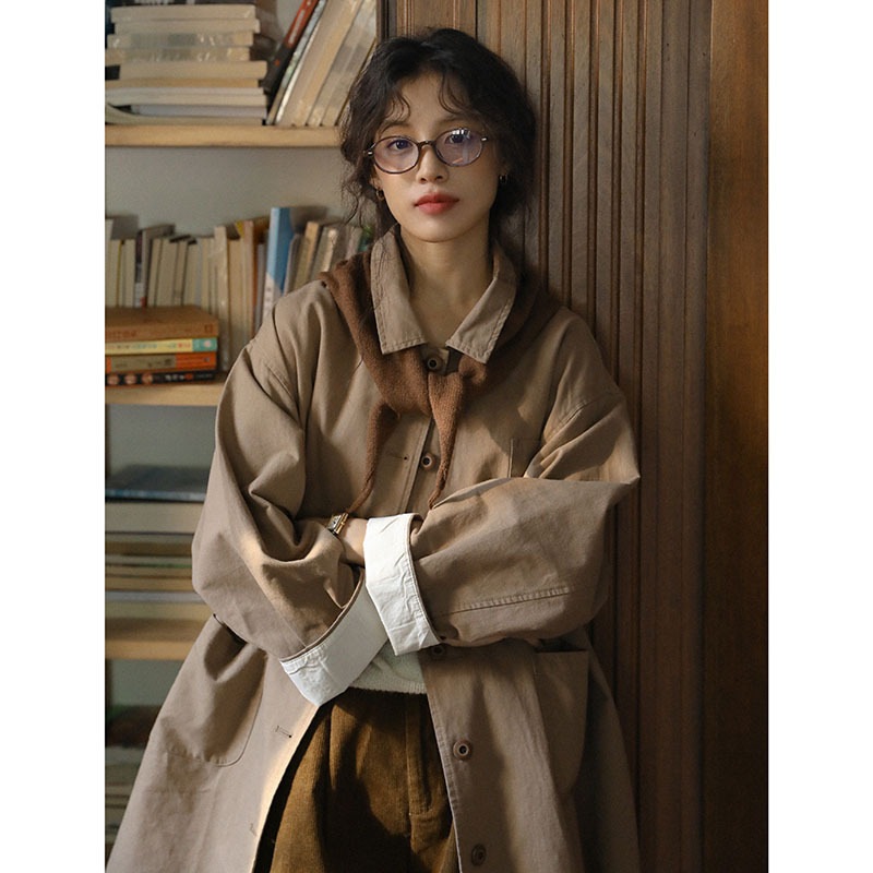 春新モデル日系復古文芸綿麻套里布中長款ウインドブレーカー外套女上衣