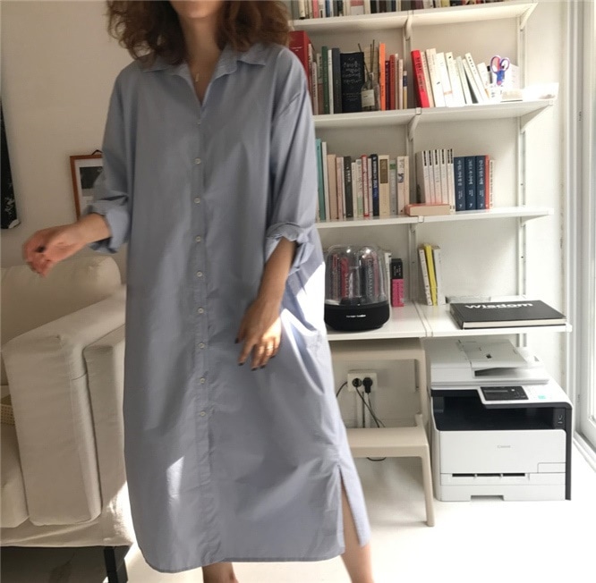 1673.長袖シャツロングワンピース（ブルー）2019 春夏 sale 春夏 sale 通学 普段使い カジュアル 大人カジュアル シンプル 女子会 カフェ ランチ