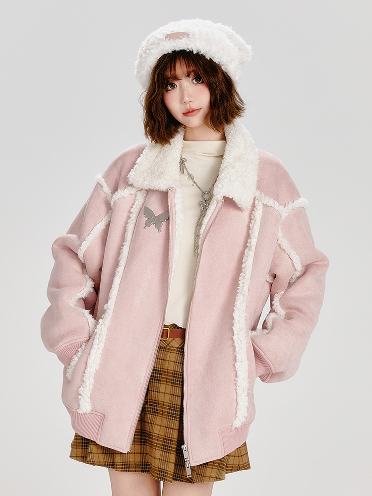 秋冬防寒 あったか 中綿 アウター 韓国風スタイルアップ かわいい ブルゾンファー付きファッション系裹起毛大人ゆったりカジュアルストリートサイズレディースムートン襟ゆるダボ シルエット学生通学丈エコ