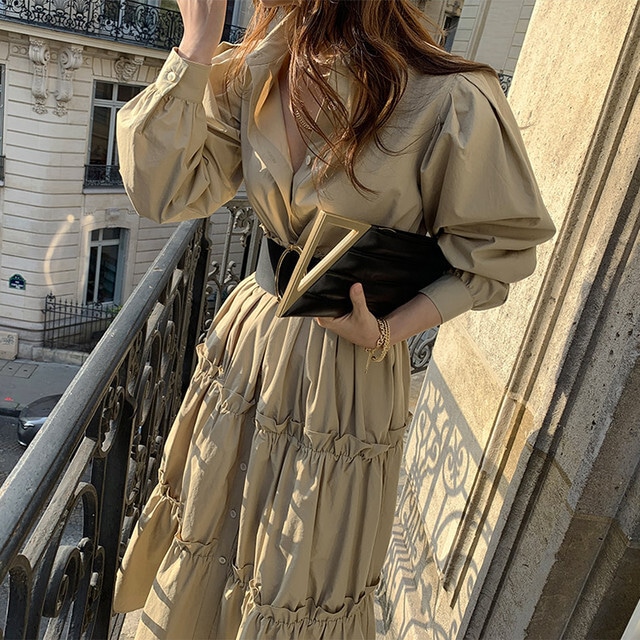 【送料無料】レディース シャツワンピース Aライン ロング フレア ハイウエスト