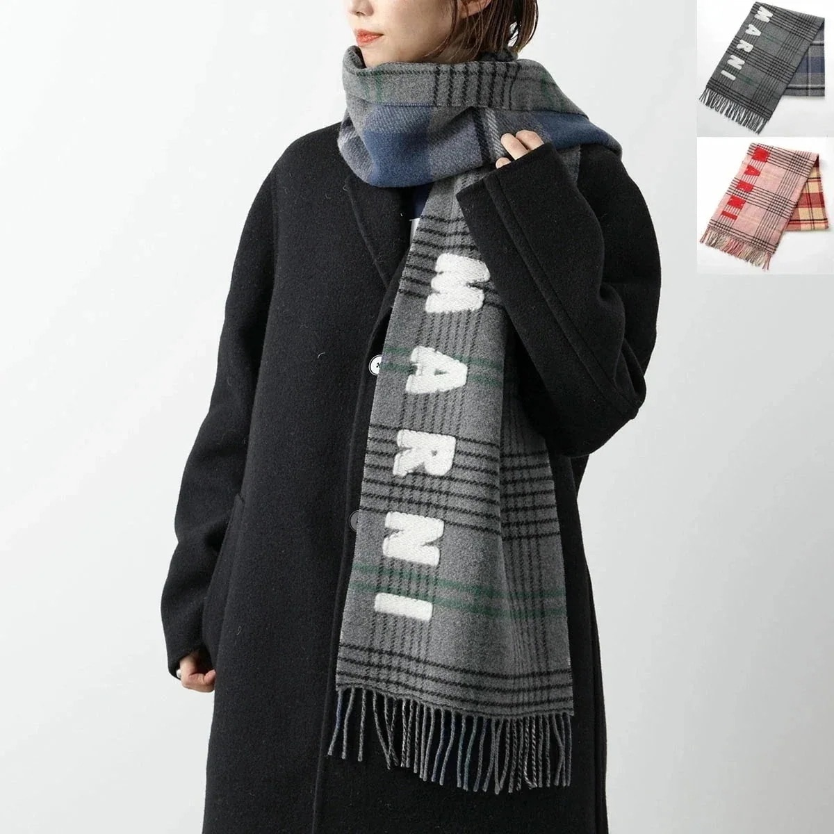 MARNI マルニ マフラー SCMC0119Y0 UAW035 レディース ロゴ フリンジ 大判 ウール ストール スカーフ ダブルチェック 柄 カラー2色