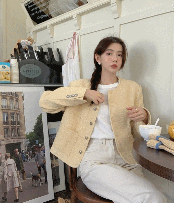 ノーカラー ボタン ツイード ジャケット