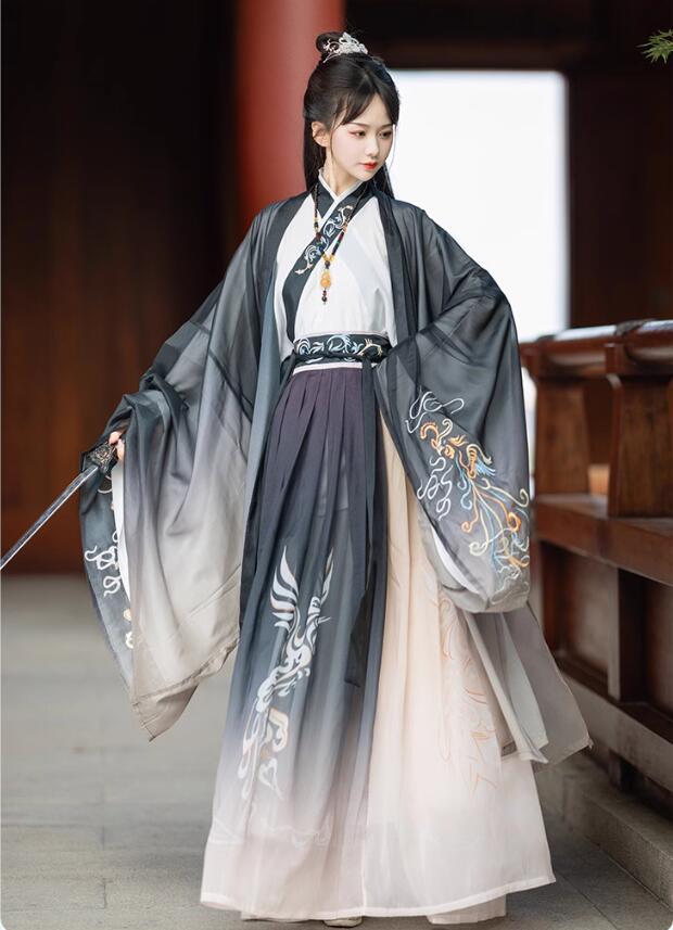 中華コスプレ衣装 漢服 刺しゅう羽織付き3点セット 漢服ドレス レディース 大人 チャイナ服 唐朝 時代劇 皇后 貴妃 コスチューム グラデーション プリント ハロウィン コスプレ 華流 舞台衣裳