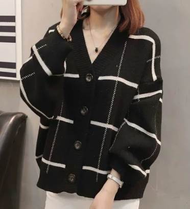 トップス カーディガン 袖あり 長袖 ボリューム袖 Vネック ワイド ニット 大人可愛い シンプル カジュアル おしゃれ お洒落 こなれ感 ラフ メンズライク ボーイッシュ キュート チェック柄 春