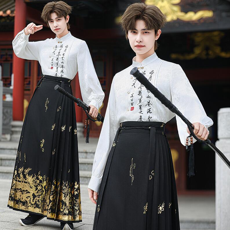 メンズ漢服唐装　カップル中華伝統的漢服　龍柄マミアンスカート チャイナｔシャツ　男女兼用中華古風コスプレ衣装　ハロウィンクリスマス仮装変装　チャイナ舞台ステージ服　イベント学園祭ペアルック