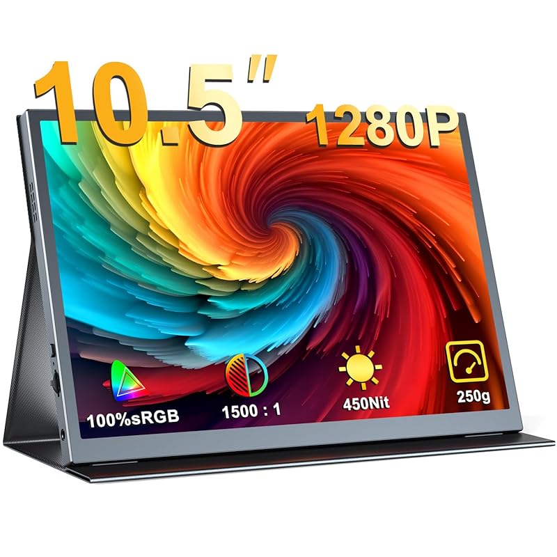 EVICIV モバイルモニター 10.5インチ ポータブルディスプレイ 超軽量250g 高輝度450nits 100%sRGB広色域 画像比自動適合 FHD1280P VESA 保護カバー モバイルデ
