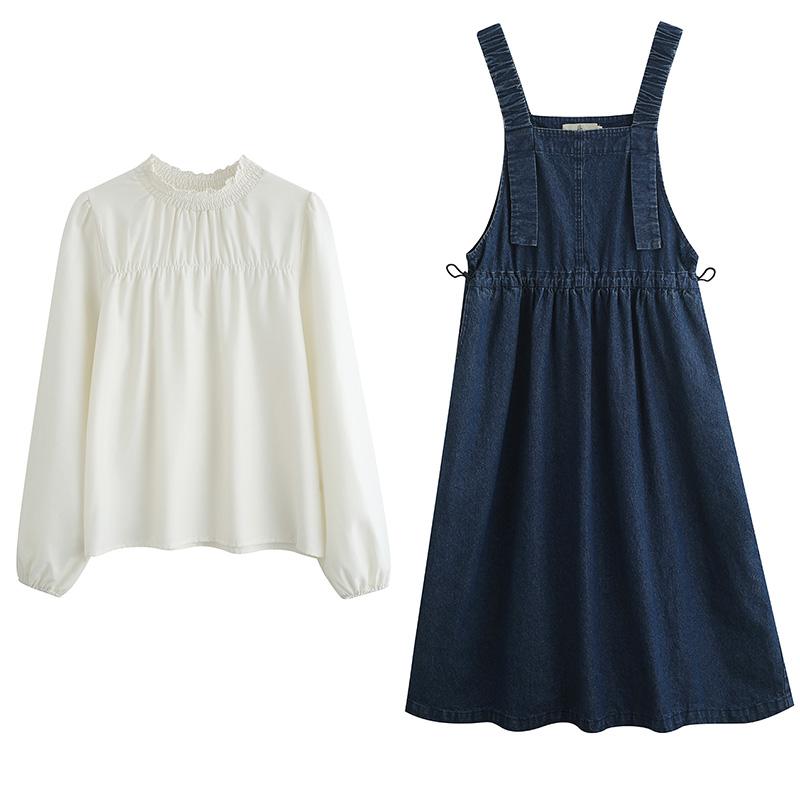 ジャンパースカート 大人 デニム 体型カバー オーバーオール レディース ツーピース 秋 白トップス 森ガール 無地 Aライン カジュアル ドローストリング ポケット ミモレ丈 長袖 半袖 青