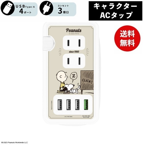 ピーナッツ ACタップ Type-C USBポート付き SNG-755C チャーリー ブラウン スヌーピー 電源タップ コンセント スマートフォン スマホ ACアダプタ AC充電器 ACプラグ