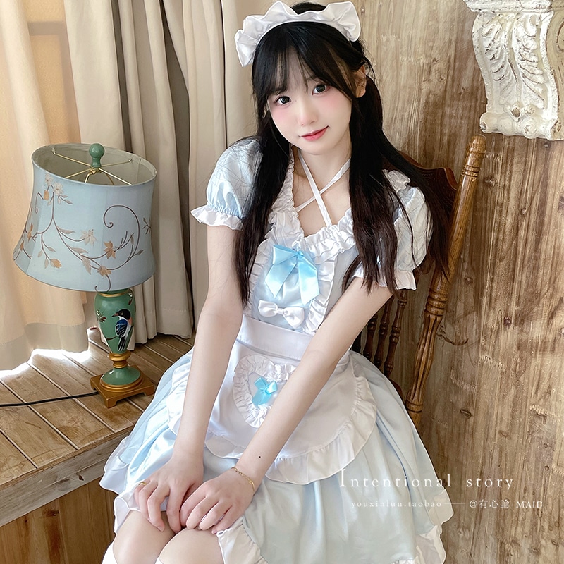 コメント スカイブルー 女の子 メイド服 ロリータ キュート アンカー パフォーマンスドレス