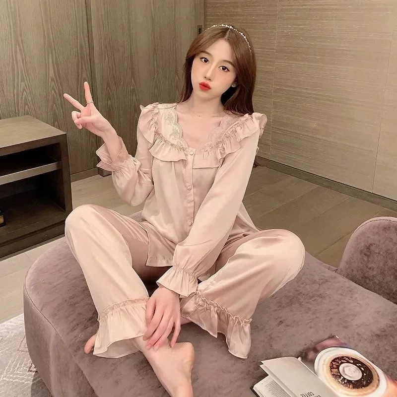 女性用Vネックナイトウェアセット,韓国レース,長袖サテンウェア,2フリル,秋