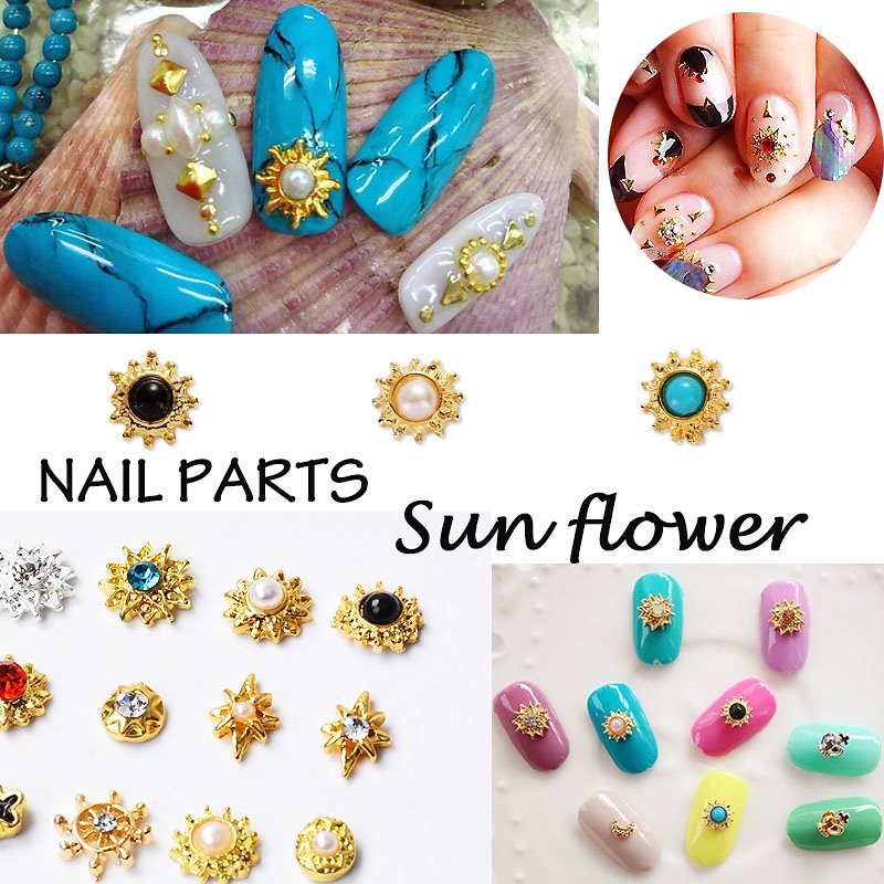 単品 太陽フラワー Sun 花 フラワー メタルパーツ ターコイズ風 コンチョ メタル ゴールド シルバー ネイルパーツ