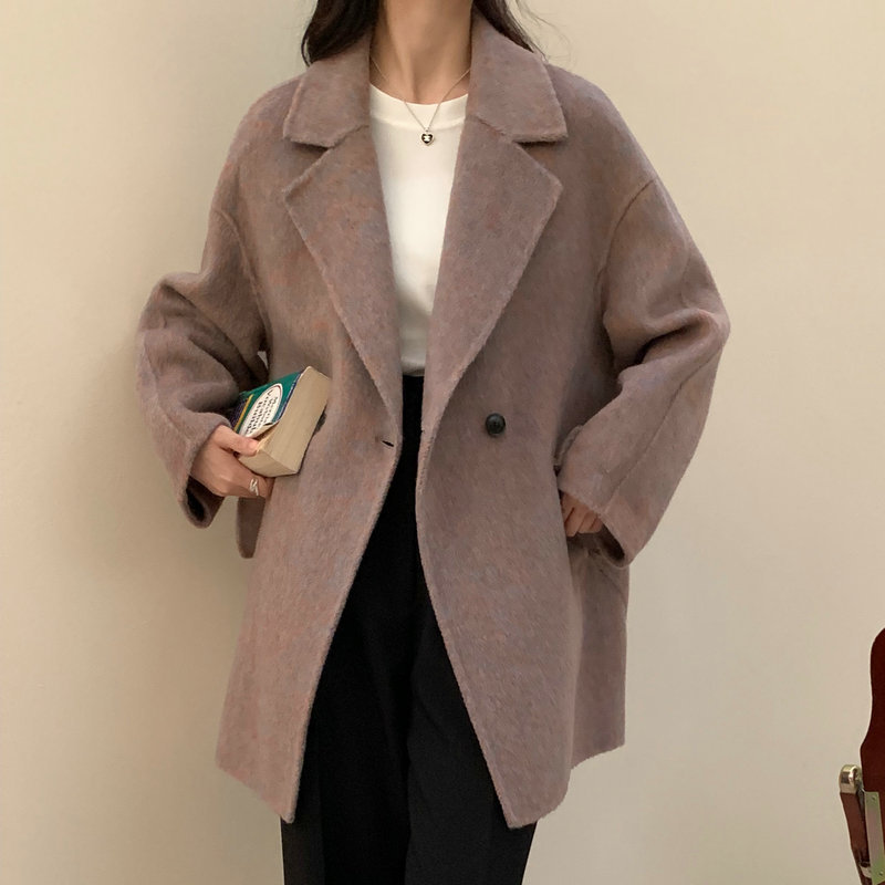 長毛両面カシミヤコート女2023秋冬短モデル小柄韓国版高級ウール気質コート