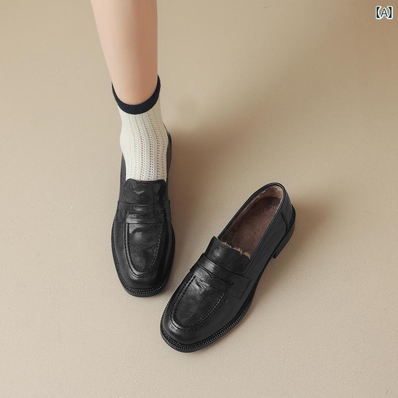 ローファー レディース オフィス カレッジ 通勤 通学 仕事 革 厚手 ヒール 女性 裏起毛 冬 毛皮 靴 ミディアム ヒール 英国 小さい 革靴