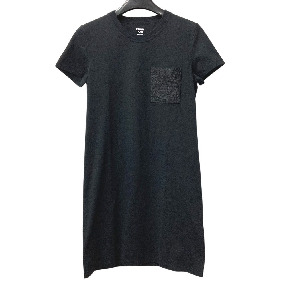 ワンピース 刺繍入り モザイク Hロゴ ポケット 半袖 シャツワンピ アパレル Tシャツワンピース ラウンドネック コットン ブラック