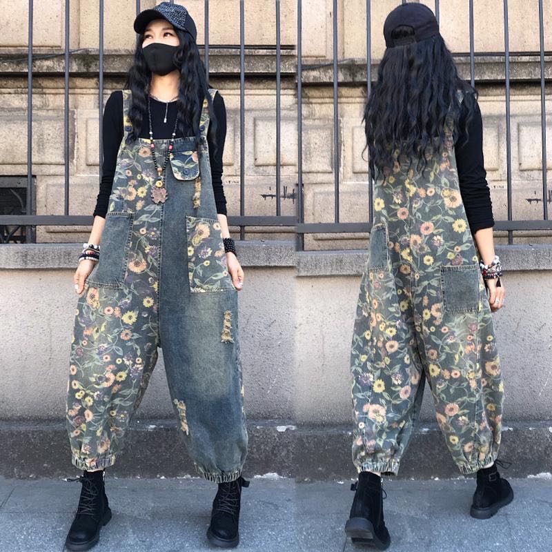 【人気商品】オーバーオール デニム オールインワン 九分丈 サルエルパンツ 春秋レディース アラジンパンツ おしゃれ サロペット ゆったり 楽ちん 花柄 総柄 オシャレお洒落 かわいい M L XL