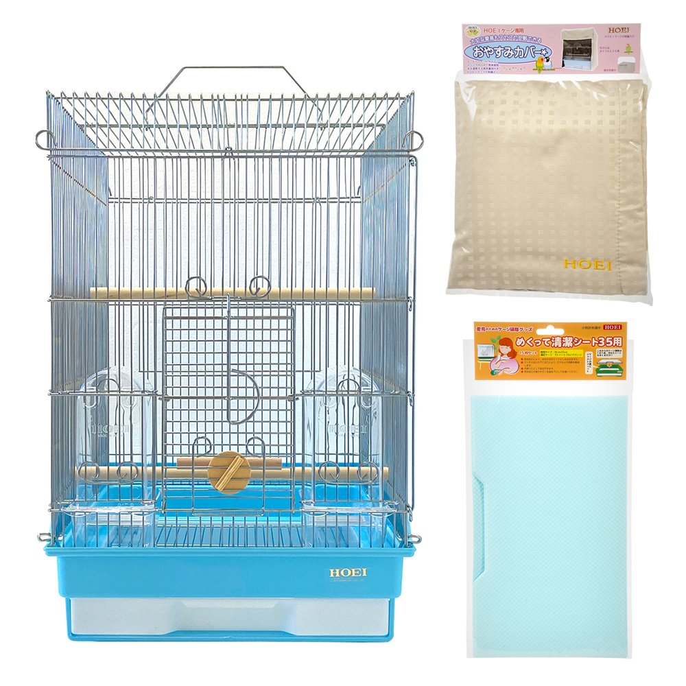 鳥籠　ＨＯＥＩ　３５手のりＧ　ブルー　文鳥などのフィンチ・小型インコ飼育スターターセット（３７X４１．５X５４．５ｃｍ）ブルー　銀メッキ　ＣＲＣ55―10―10―00―00