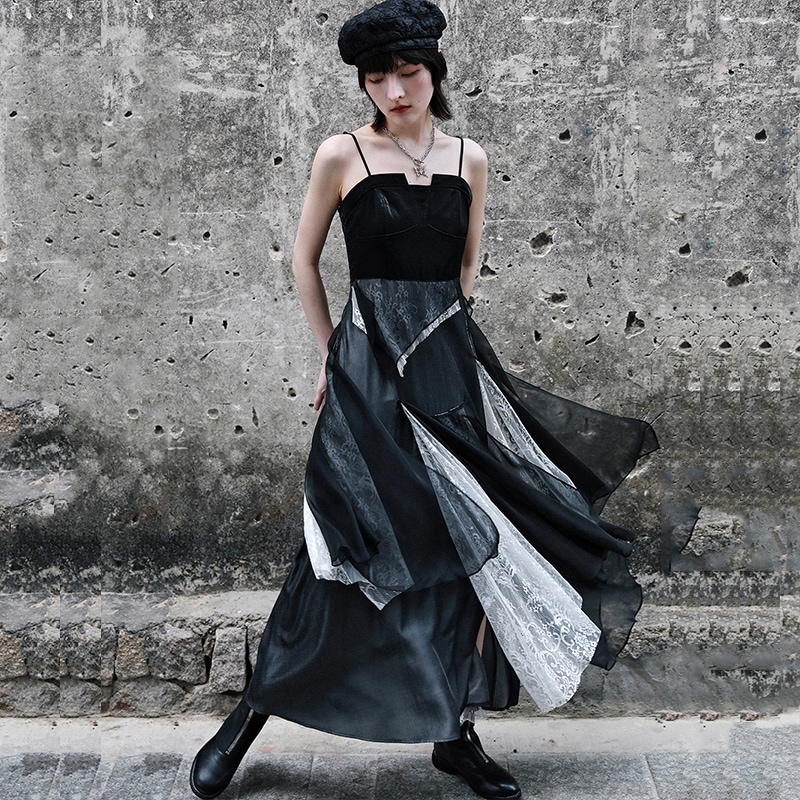 キャミソールワンピース マキシ丈 ドッキングワンピース 切り替えワンピース レイヤードワンピース 夏 ドレス 撮影 旅行 暗黒少女