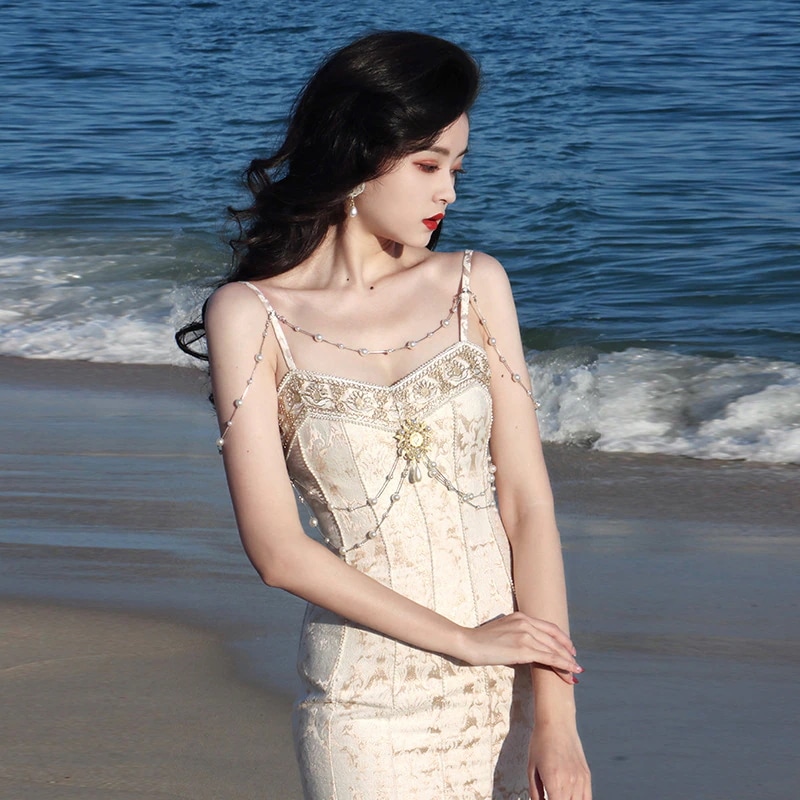 レトロ　パールキャミワンピース　ロングワンピース　人気ドレス