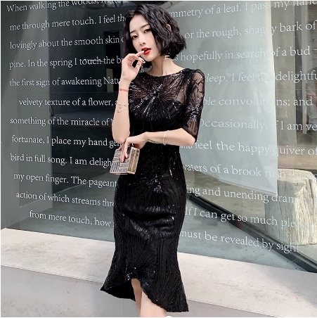 ワンピース イブニングドレス ミニ ミニ丈 ショート ショート丈 膝上 袖あり 半袖 5分袖 五分袖 ラウンドネック スリム タイト 細身 ストレート 快適 着心地 スパンコール おしゃれ お洒落