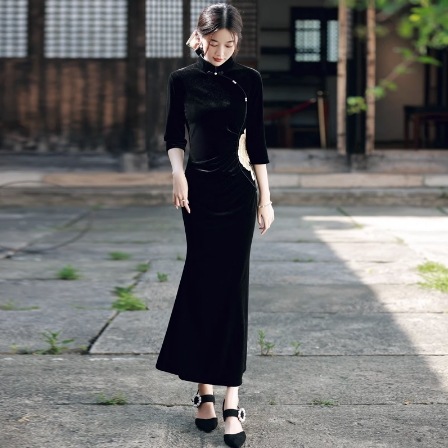 チャイナフィッシュテール チャイナ風 チャイナドレス ワンピース ロング ロング丈 袖あり 半袖 5分袖 五分袖 スタンドカラー スリム タイト 細身 フィッシュテール ウエスト細め 大人可愛い