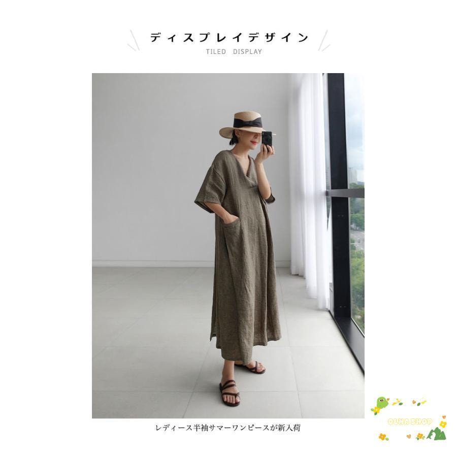 リネンワンピース 夏 レディース 半袖ワンピース 体型カバー Aラインワンピース ロングワンピ マキシ丈 薄手 麻 コットンリネン ワンピース