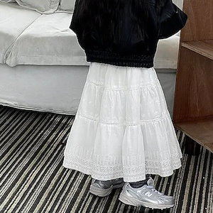女の子フレンチレトロハイウエストドレープ感半身スカート女の子レース刺繍A字傘スカートロングスカート