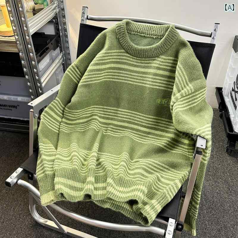 メンズ セーター トップスス ラウンドネック トレンド カジュアル レトロ カップル ストライプ ニット