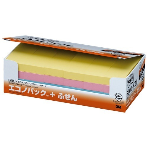 （まとめ買い）ポストイット エコノパック リサイクル紙ふせん 75x25mm 100枚x24パッド（4色混色） 5001-K20 [x3]