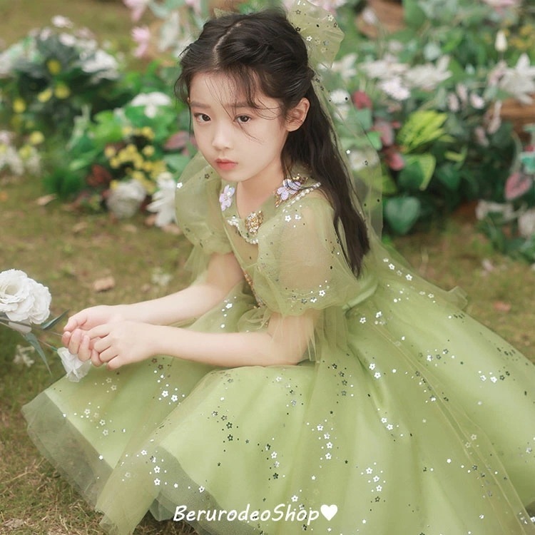 子供ドレス グリーン ショート丈 女児ドレス 襟付き パール 花柄 可愛いドレス 誕生日 プレゼント ギフト 女の子ドレス キッズドレス お姫様 100 110 120 130 140 150 160