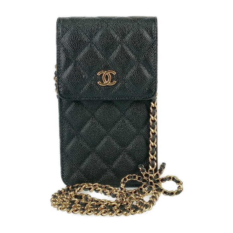 美品 CHANEL シャネル ショルダーバッグ マトラッセ フォンホルダー AP3307 ブラック ゴールド金具 キャビアスキン レディース リボンチェーン ポシェット【本物保証】