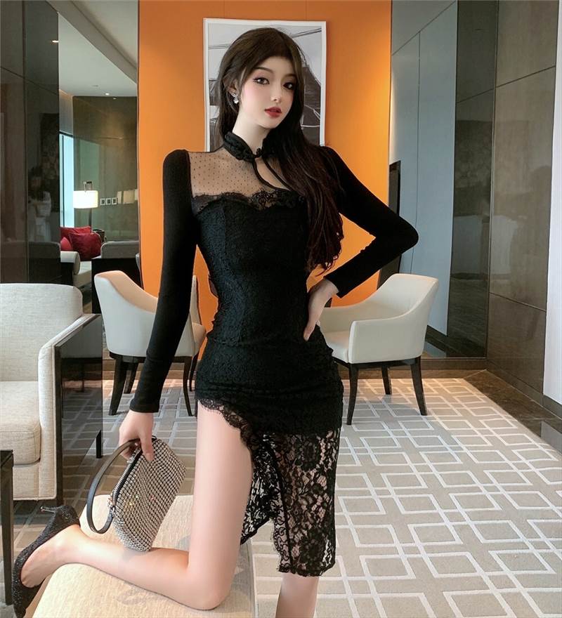 2色 キャバ ドレス ミニ ひざ丈 黒 白 セクシー ワンピ レース アシンメトリー 個性的 大胆 スリットおしゃれ 長袖 透け感 キャバ嬢 スクエアネック 上品 スリット パーティードレス ドッキン