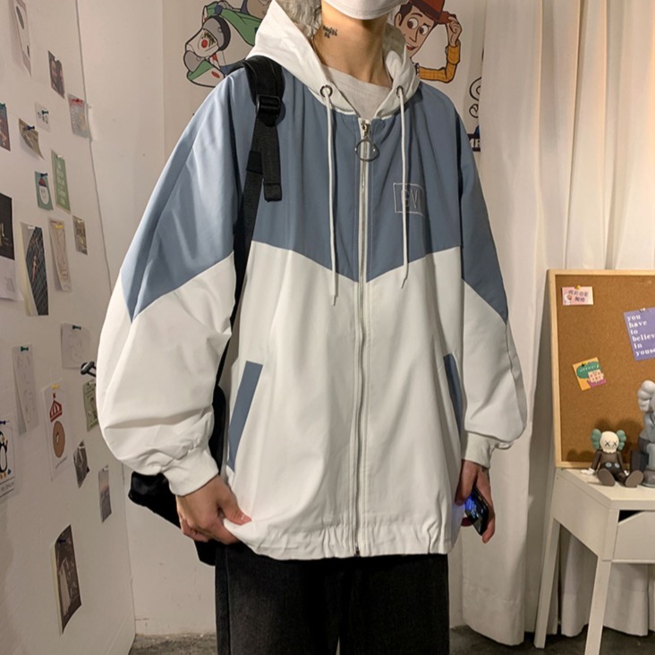 アウター パーカー ブルゾン 袖あり 長袖 襟なし ノーカラー フード ワイド バイカラー 配色 ファスナー ポケット 前開き 薄手 カジュアル おしゃれ かっこいい レトロ ラフ メンズライク